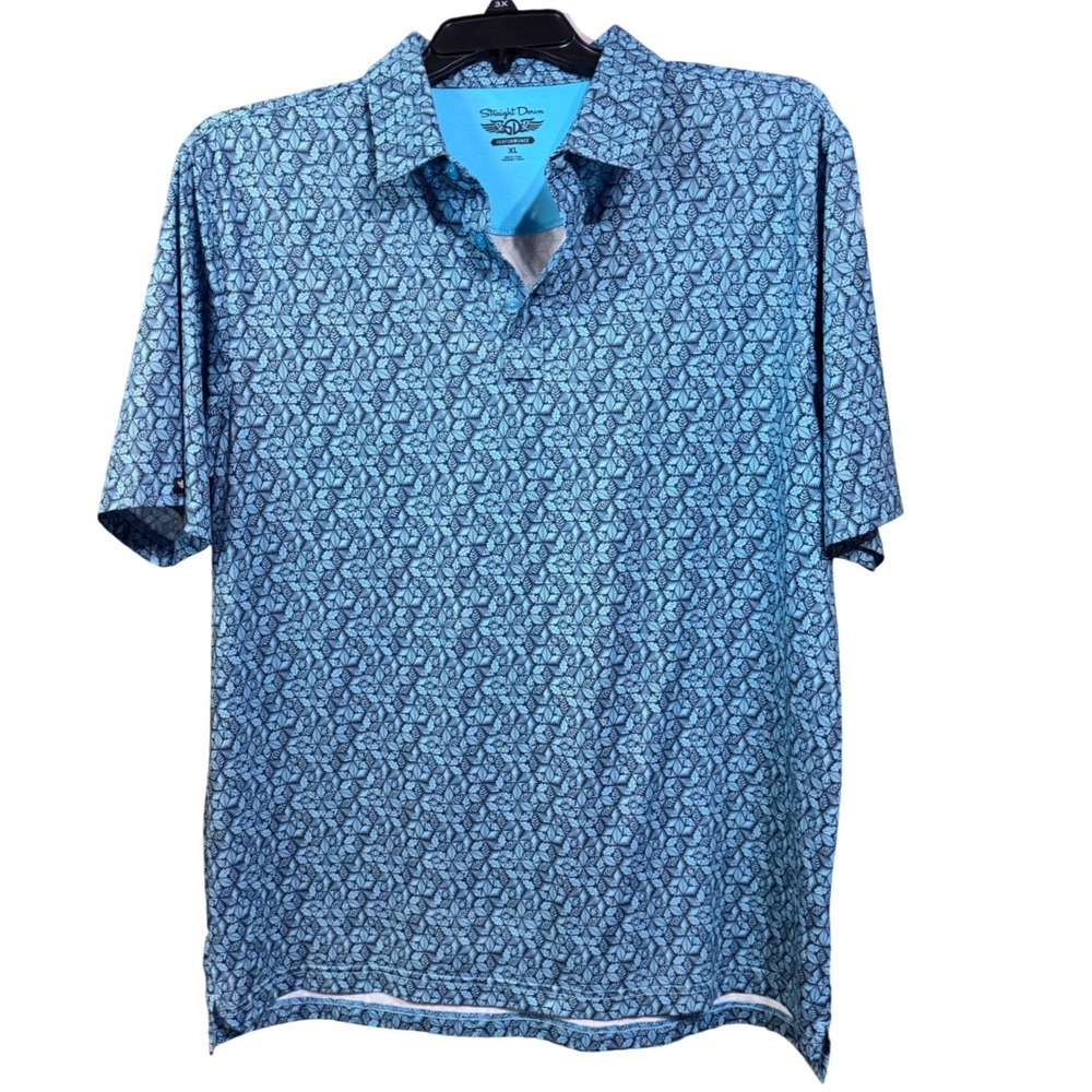 Straight Down Golf Polo Performance Stretch Blue Leaf Print XL‎ The Bridges Club